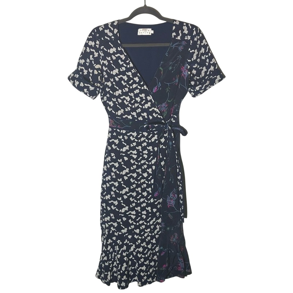 Tanya Taylor Blue Luisa Mixed Print Silk Wrap Dress Floral Short Sleeve Midi 2